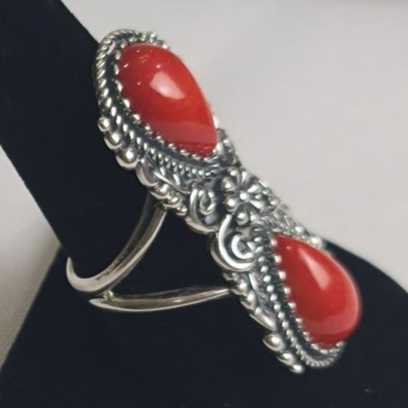 🌵 CAROLYN POLLACK AMERICAN WEST Red Coral .925 Sterling Western Flair  Sz 9🔥 - Picture 5 of 10